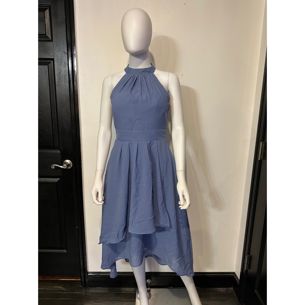 Dusty Blue Chiffon Halter High Low Cocktail‎ Dress Sleeveless Formal Midi